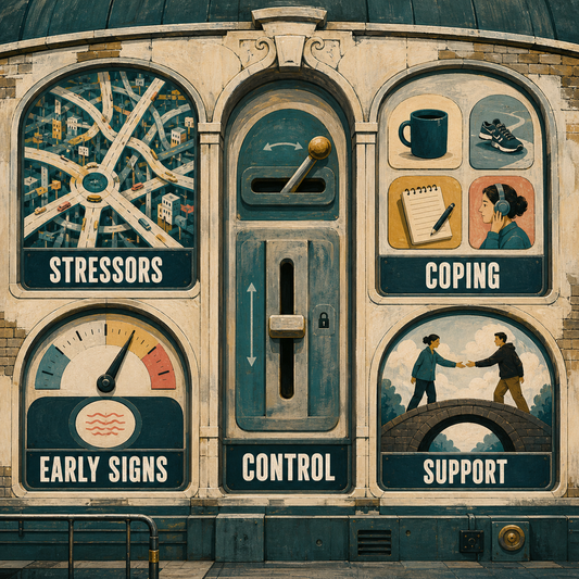Stress Reduction & Management Generator overview of stressors, early signs, control, coping, and support