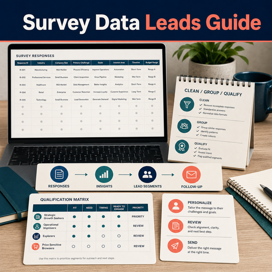 Survey-to-leads workflow with anonymized response table, clean-group-qualify checklist, insight and segmentation path, qualification matrix, and personalized follow-up.