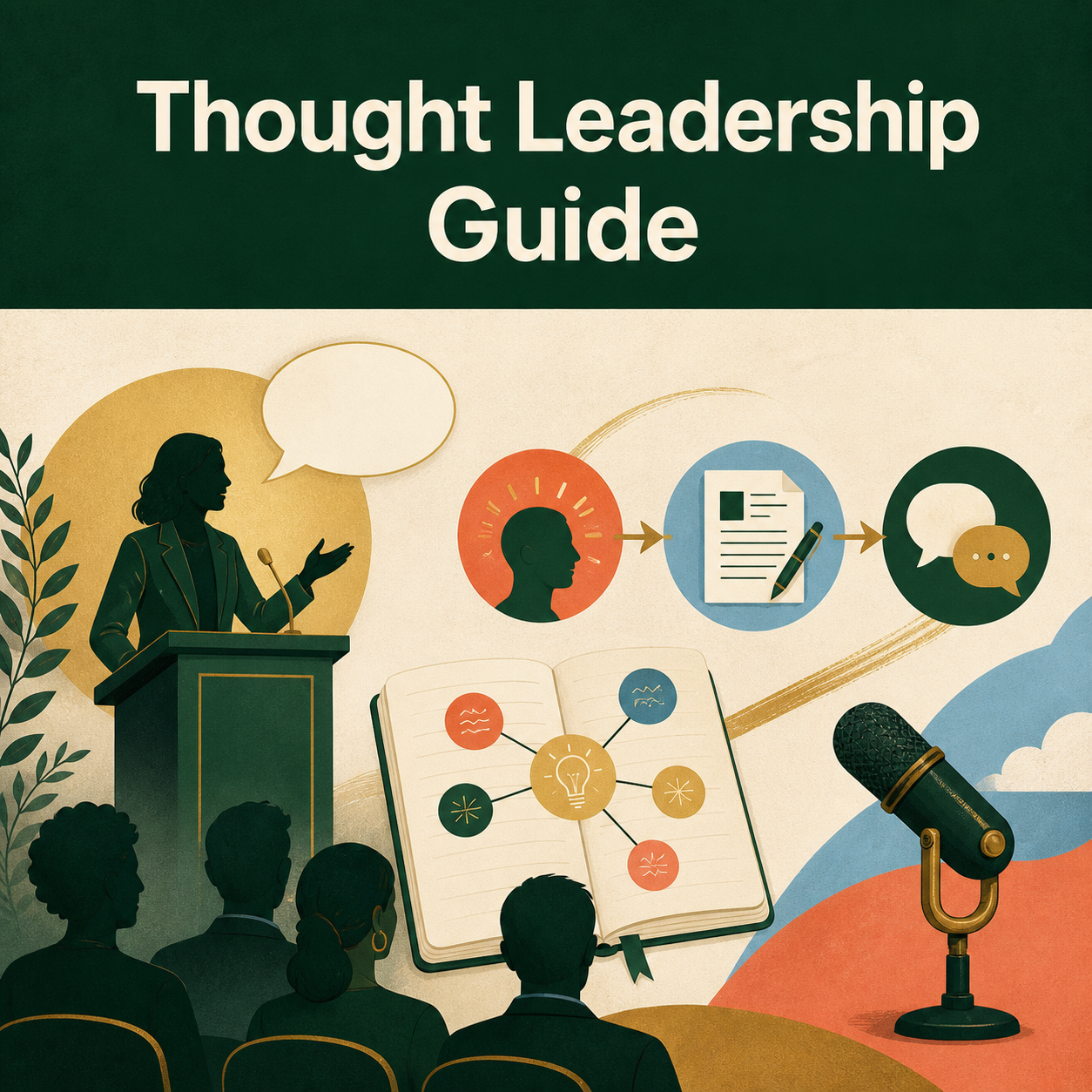 Thought leadership scene showing an insight moving from speaker to article to audience conversation.