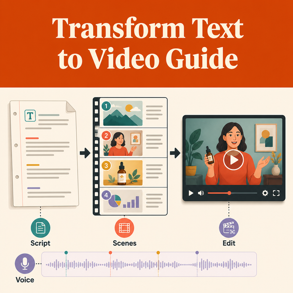 Illustrative text-to-video workflow showing a script becoming storyboard scenes, voice, and an edited video.