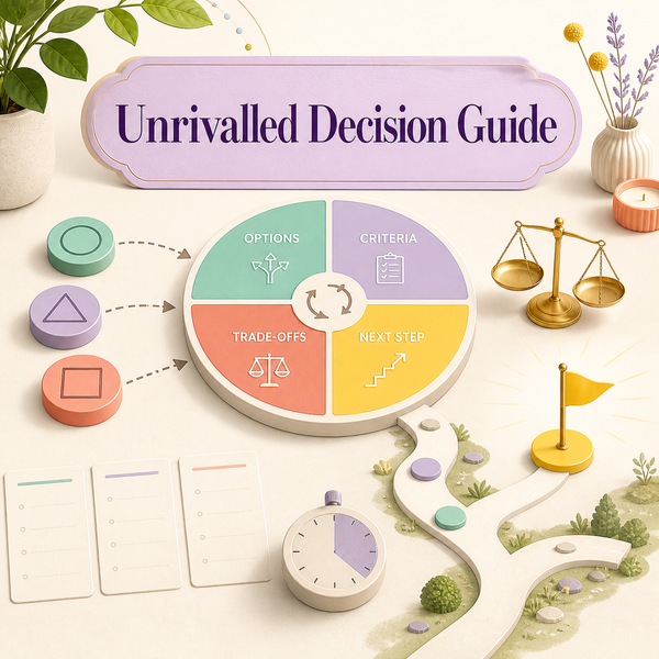 Bright Unrivalled Decision Guide cover showing an Options, Criteria, Trade-offs, and Next Step decision wheel, choice tokens, balance scale, and branching path.
