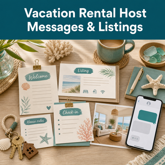 Vacation rental host guide for creating listing copy, guest messages, welcome-book content, and review replies.