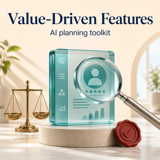 Bright Value-Driven Features cover showing a translucent product prototype, user-value magnifying lens, VALUE-versus-EFFORT scale, and validation seal.