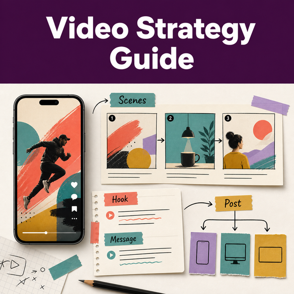 Illustrative short-form video strategy workspace showing a hook, message, storyboard scenes, and a posting plan.