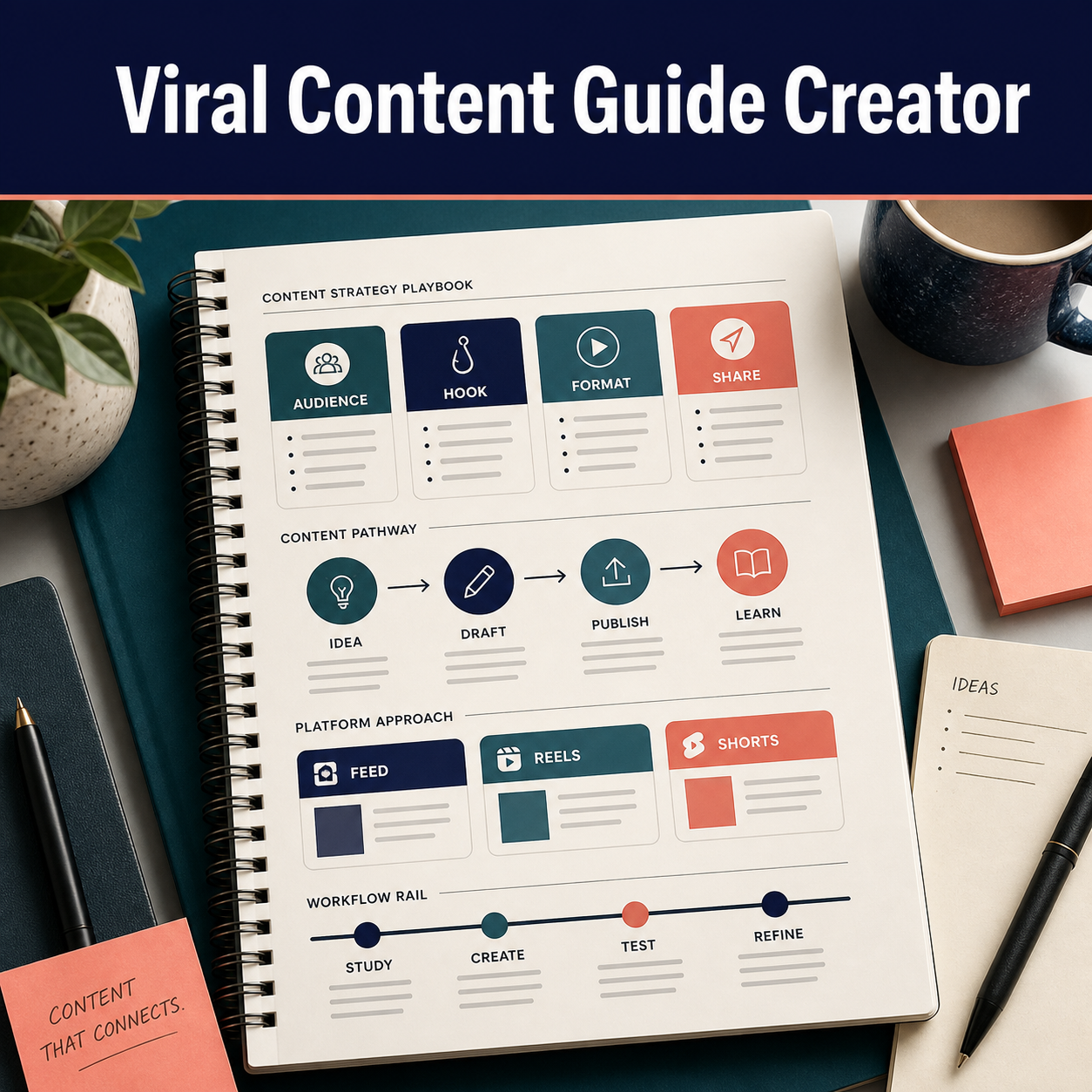 Viral content strategy playbook with audience, hook, format, share, idea-to-learn pathway, platform planning, and refine workflow.