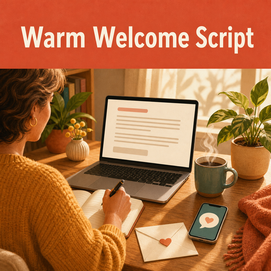 Warm welcome message writing scene with a message draft, friendly phone bubble, handwritten notes, and heart-sealed envelope.