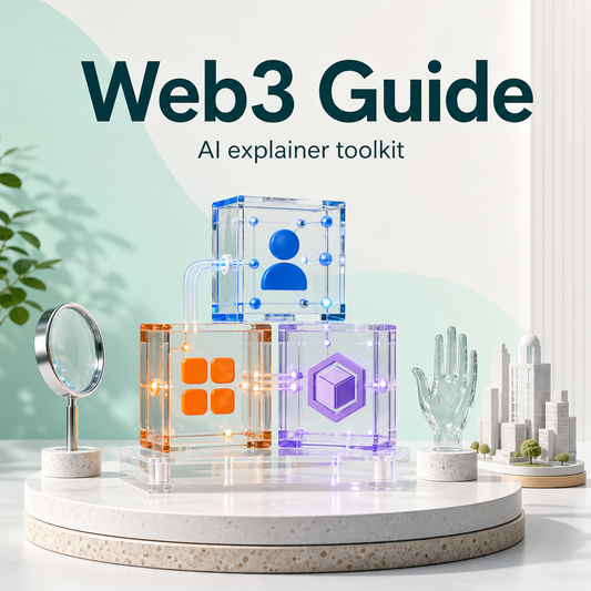Bright Web3 Guide cover showing transparent connected network cubes, identity and ownership symbols, a magnifying lens, and a glass hand sculpture.