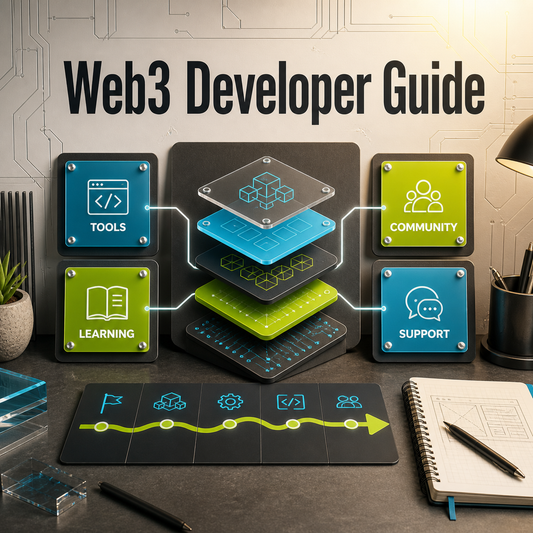 Web3 Developer Guide cover showing a connected ecosystem of tools, learning, community, support, and an implementation roadmap.