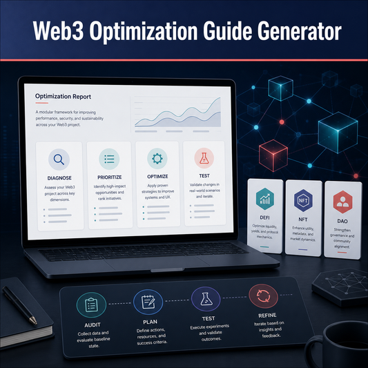 Web3 optimization workspace with diagnose, prioritize, optimize, test, and refine steps across DeFi, NFT, and DAO projects.