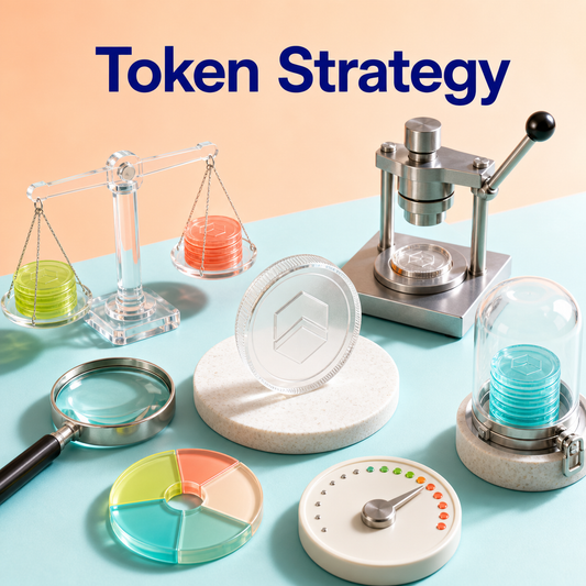 Bright Token Strategy cover showing an unbranded token, minting press, allocation scale, secure token capsule, loupe, and milestone dial.