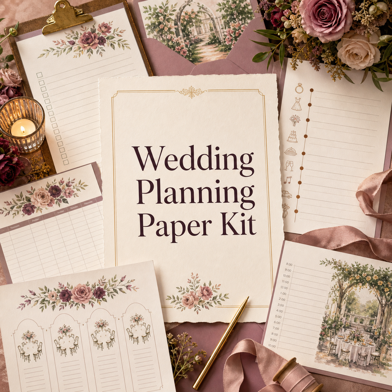 Wedding Planning Paper Kit cover with wedding signage, stationery, vendor, seating, and day-of planning pages