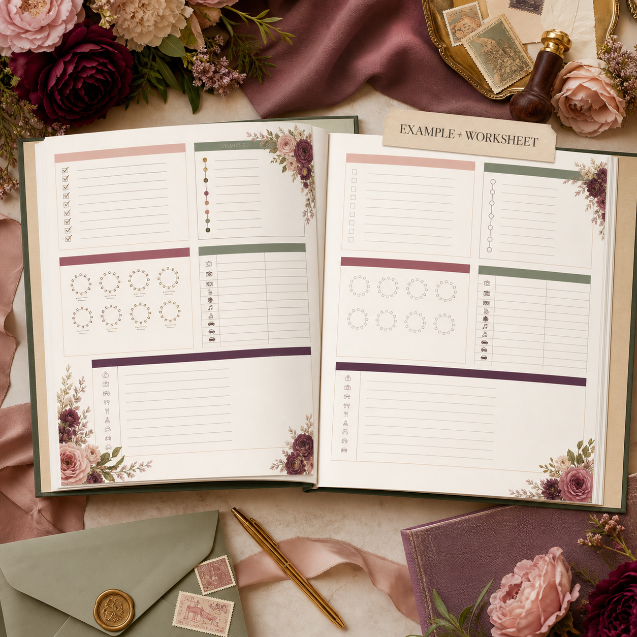 Filled example and blank worksheet preview for the Wedding Planning Paper Kit