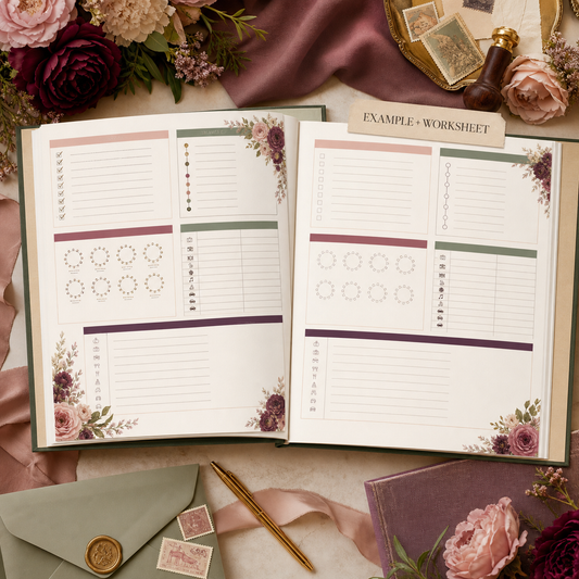 Filled example and blank worksheet preview for the Wedding Planning Paper Kit