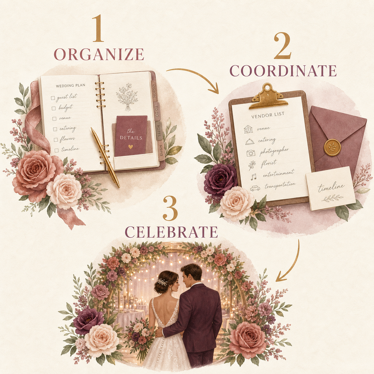 Three-step organize, coordinate, celebrate visual for the Wedding Planning Paper Kit