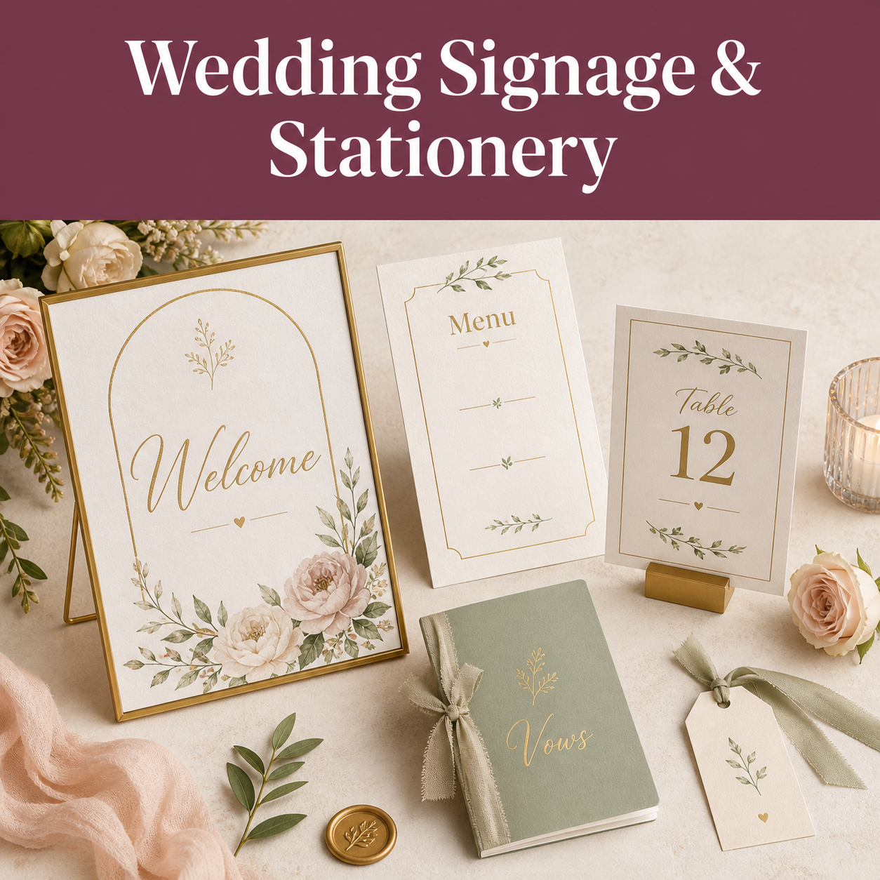 Wedding stationery planning guide for creating welcome signs, menus, seating details, vow booklets, and favour tags.