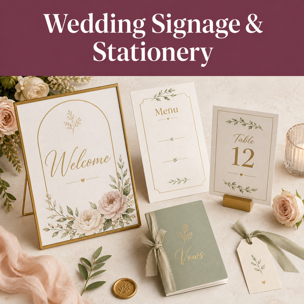 Wedding stationery planning guide for creating welcome signs, menus, seating details, vow booklets, and favour tags.