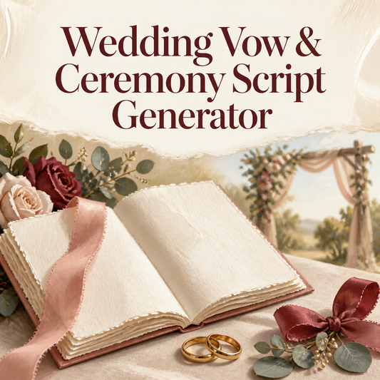 Wedding Vow & Ceremony Script Generator cover showing the generator theme