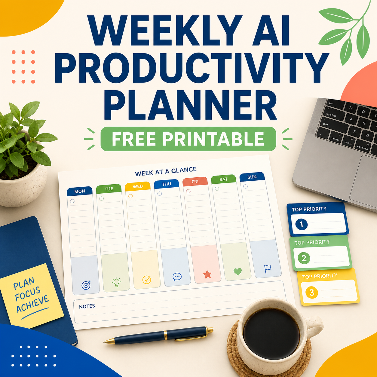 Weekly AI Productivity Planner free printable cover with a seven-day planning sheet.