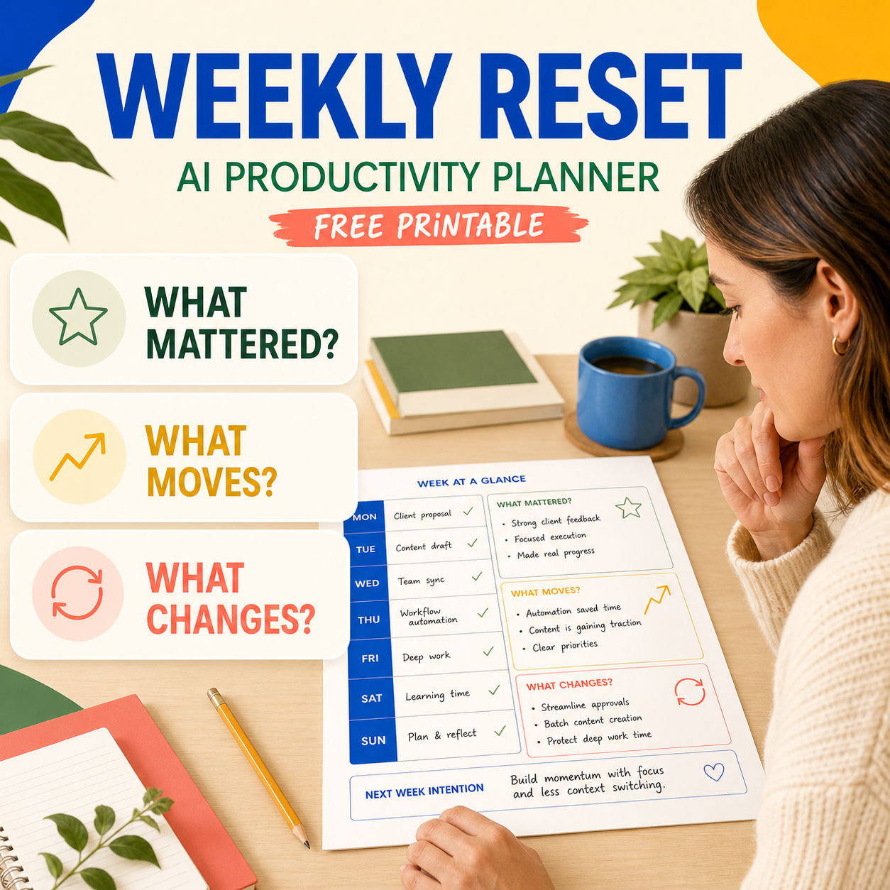 Weekly reset worksheet focused on what mattered, what moved, and what should change.