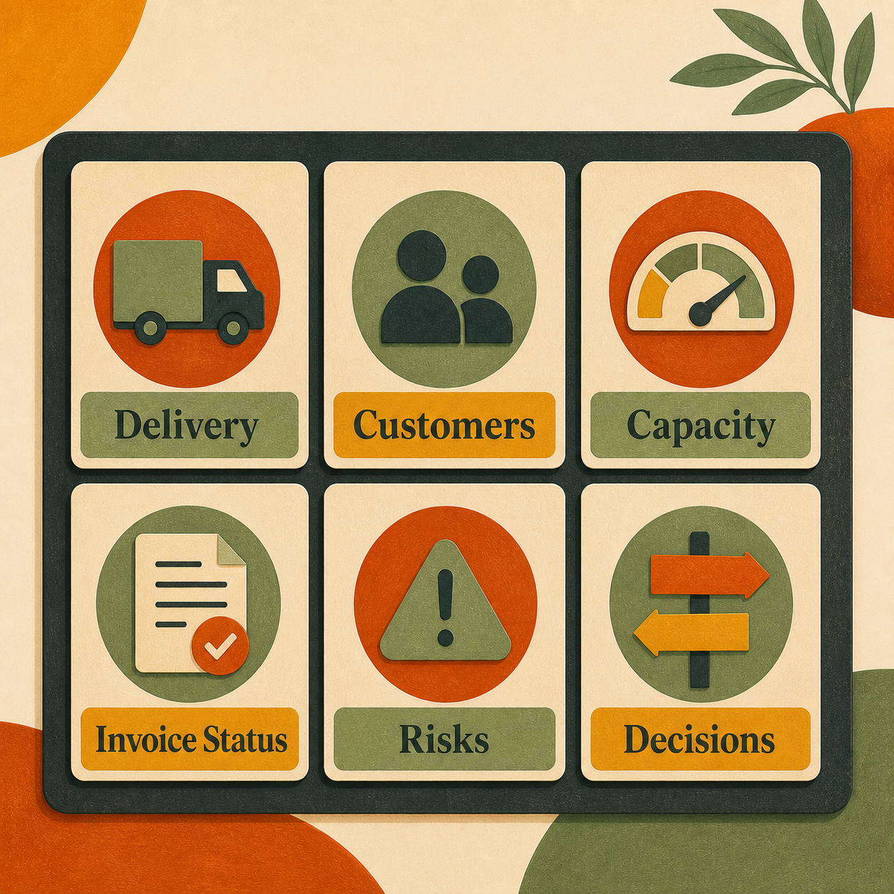 Weekly operations review contents showing delivery, customers, capacity, invoice status, risks, and decisions