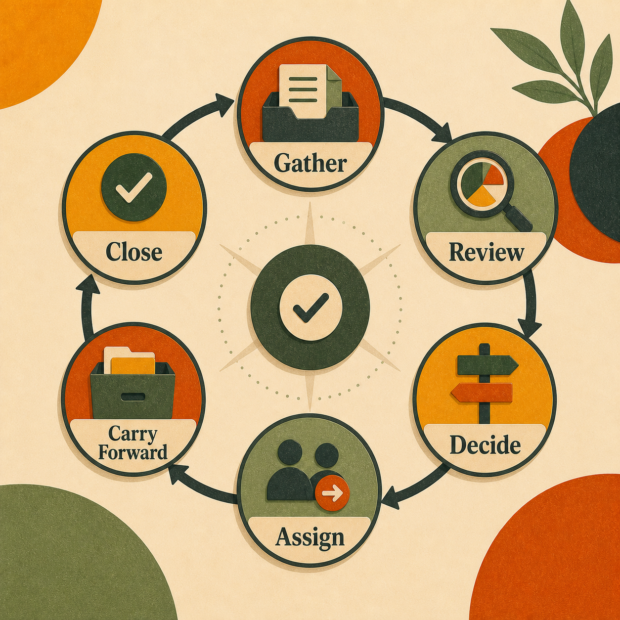 Weekly review loop showing gather, review, decide, assign, carry forward, and close