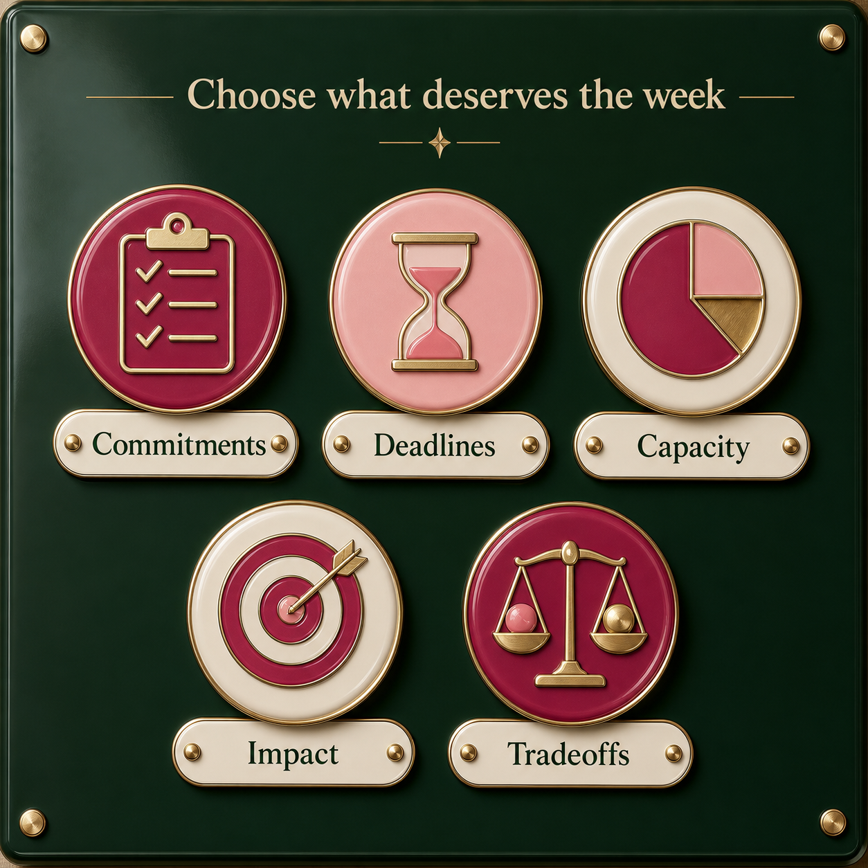 Weekly Priority Generator overview of commitments, deadlines, capacity, impact, and tradeoffs