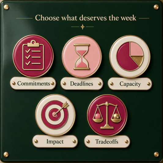 Weekly Priority Generator overview of commitments, deadlines, capacity, impact, and tradeoffs
