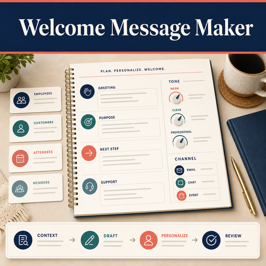 Welcome message planning workbook with audience cards, greeting-purpose-next-step-support sections, tone controls, channels, and personalize-review workflow.
