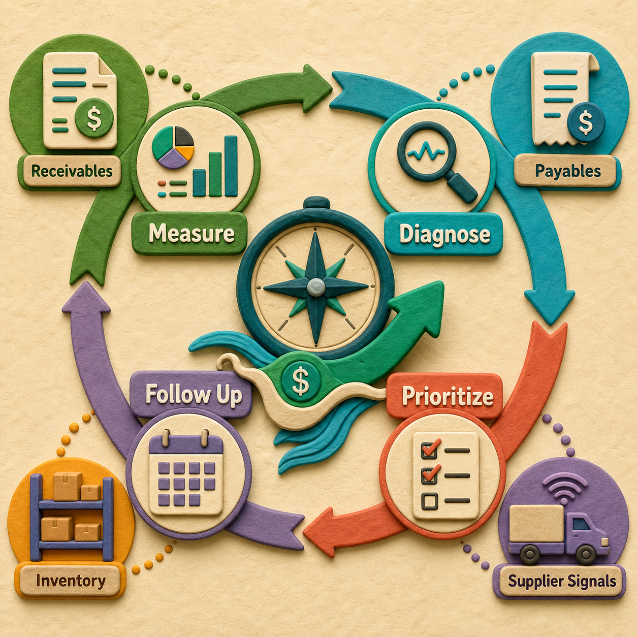 Working-capital decision map from measure to diagnose, prioritize and follow up.