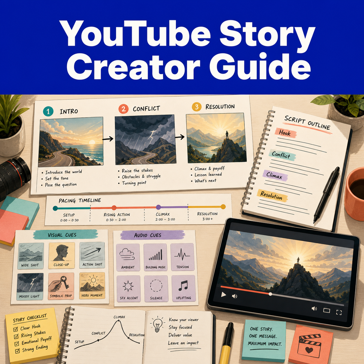 Illustrative YouTube story-planning workspace showing intro, conflict, resolution, pacing, script, visual cues, and audio cues.