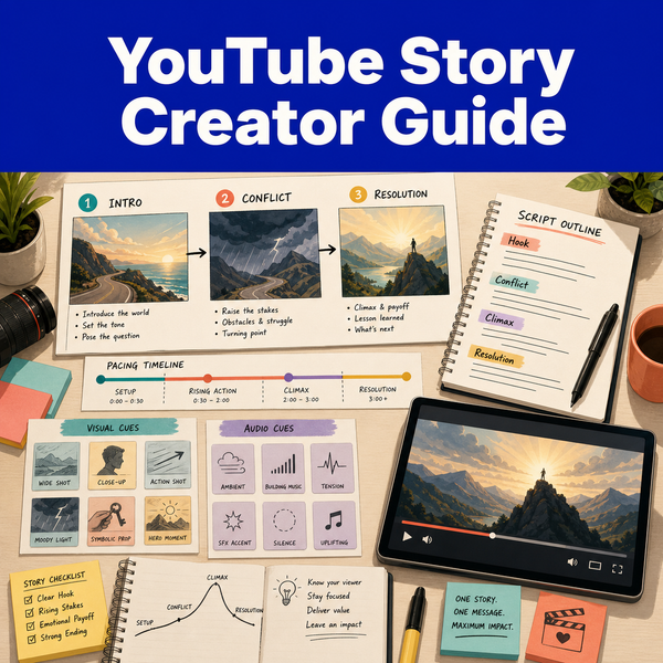 Illustrative YouTube story-planning workspace showing intro, conflict, resolution, pacing, script, visual cues, and audio cues.
