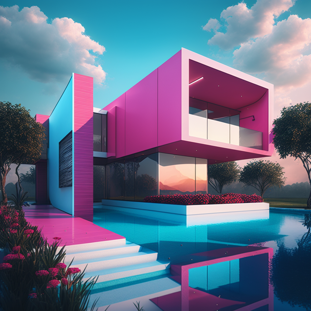 AI Midjourney Prompt for Landscape - Ultra-Realistic Villa in Pink and Cyan