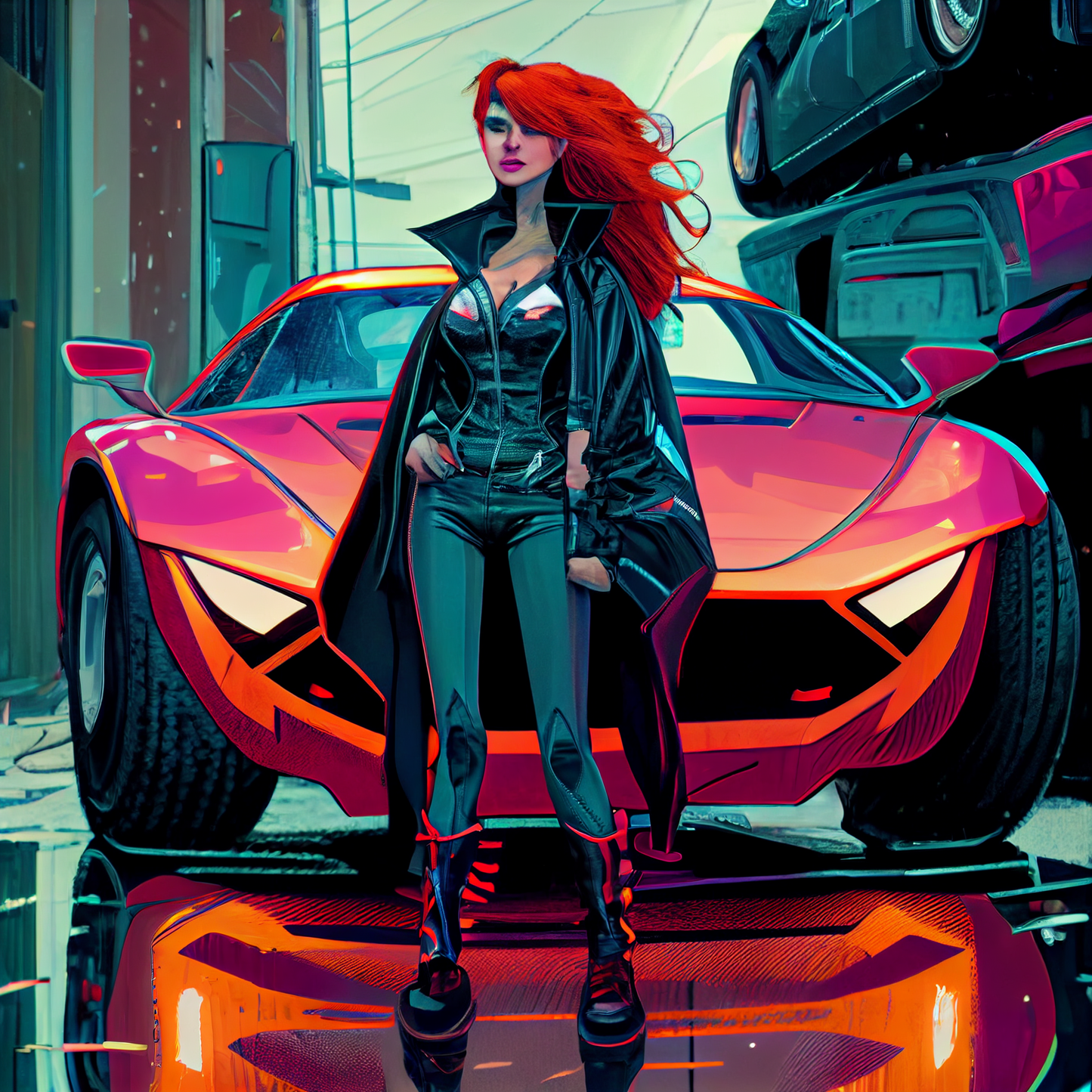 AI Midjourney Prompt for Futuristic - Futuristic Redhead Muscle Car