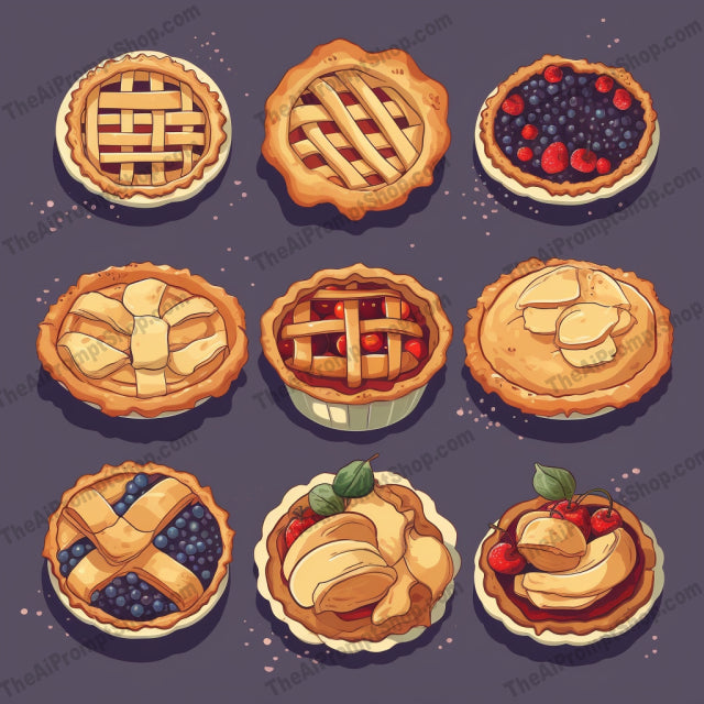 AI Midjourney Prompt for Food - B209s -  Set of Pie Illustrations