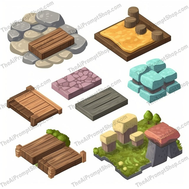 AI Midjourney Prompt for Isometric Wood and Stone Set