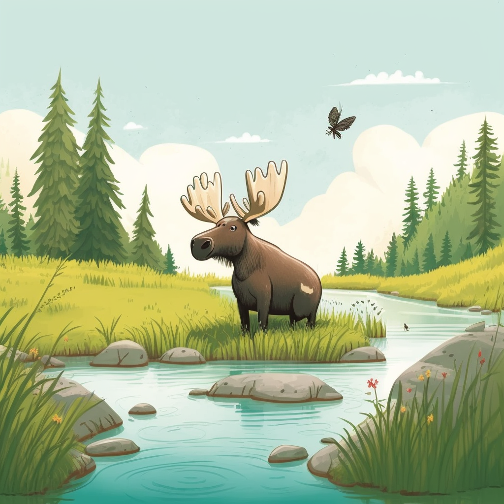 AI Midjourney Prompt for Storybook Illustrations - Animal in Stream in Kids Book Style