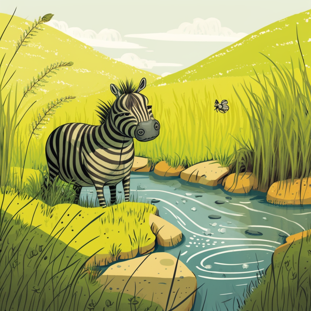 AI Midjourney Prompt for Storybook Illustrations - Animal in Stream in Kids Book Style