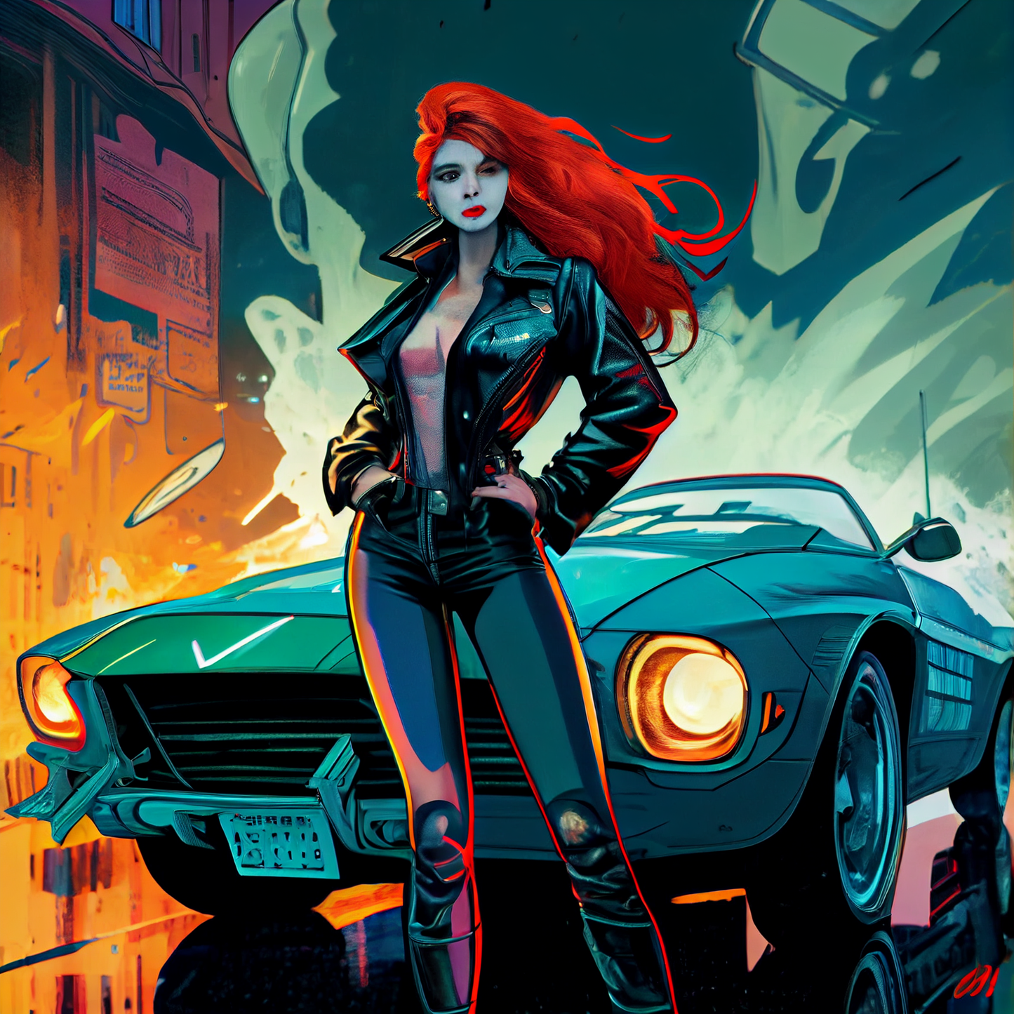 AI Midjourney Prompt for Futuristic - Futuristic Redhead Muscle Car