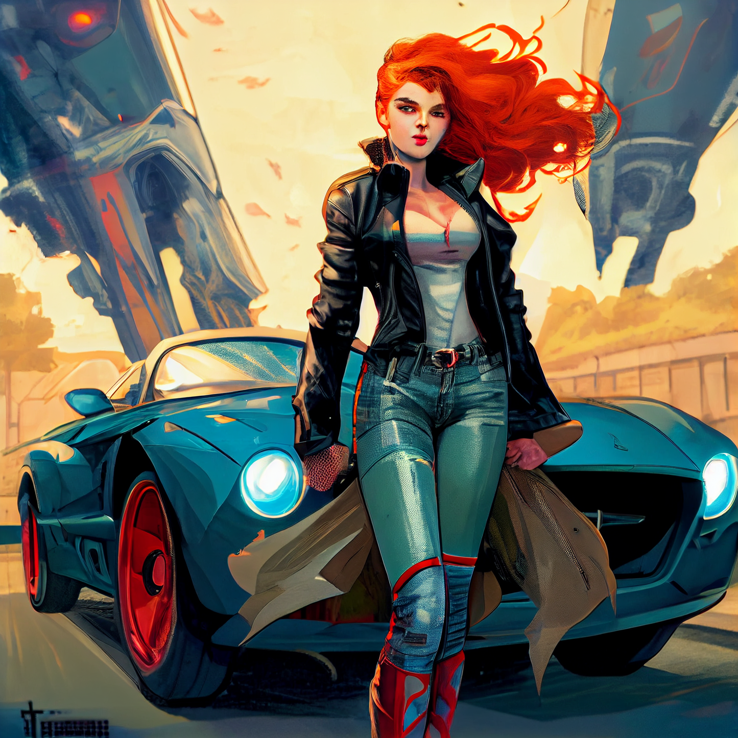 AI Midjourney Prompt for Futuristic - Futuristic Redhead Muscle Car