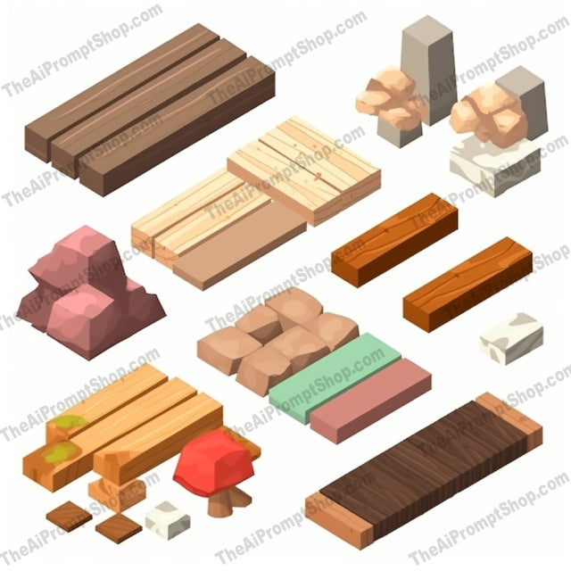 AI Midjourney Prompt for Isometric Wood and Stone Set