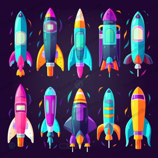 AI Midjourney Prompt for Colorful Rocket and Spaceship Set