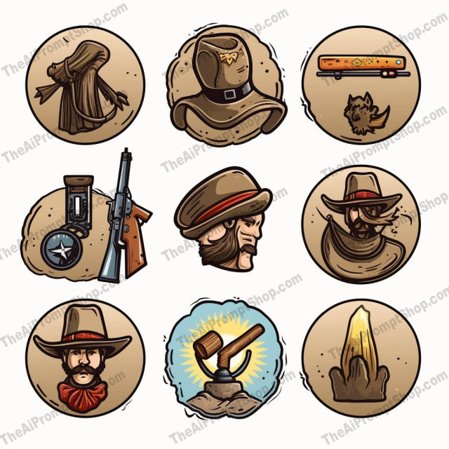 AI Midjourney Prompt for Game Assets - B183s -  Western Vector Icons