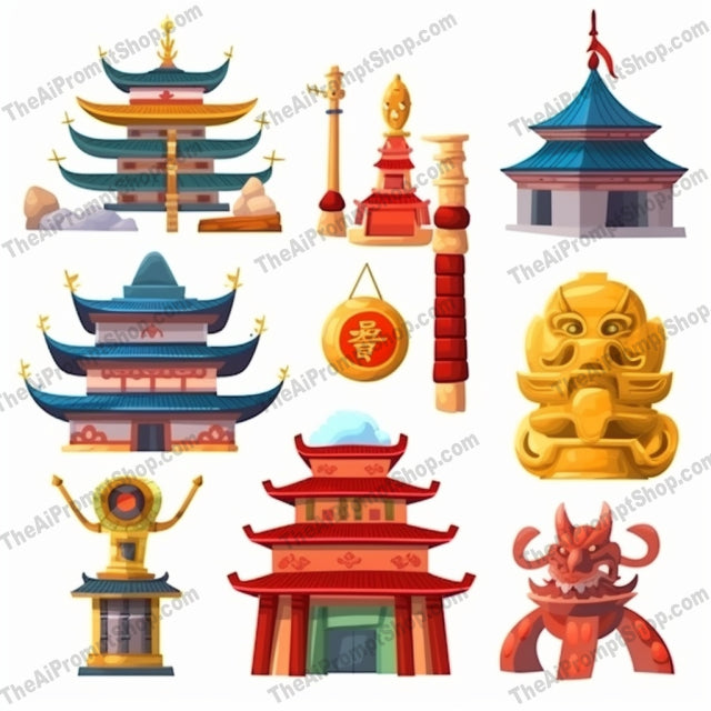 AI Midjourney Prompt for Game Assets - B294s -  Cartoon Asian Symbol Set