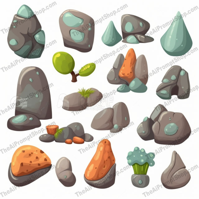 AI Midjourney Prompt for Tranquil Cartoon Stones Set