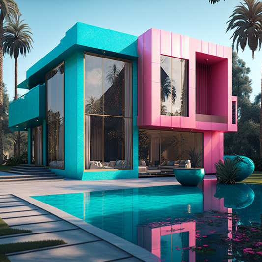 AI Midjourney Prompt for Landscape - Ultra-Realistic Villa in Pink and Cyan