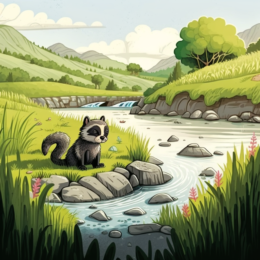 AI Midjourney Prompt for Storybook Illustrations - Animal in Stream in Kids Book Style