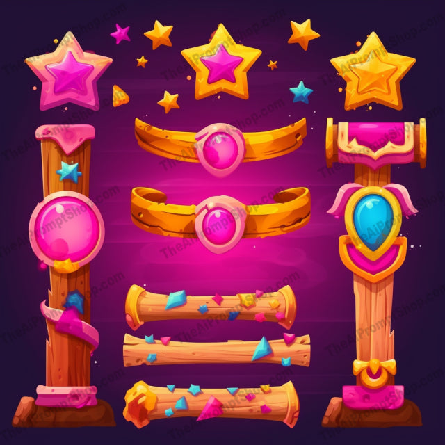 AI Midjourney Prompt for Colorful Woodcarving Game Elements