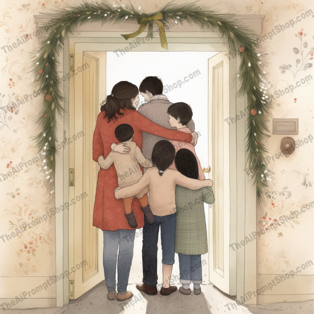 AI Midjourney Prompt for C117 - Storybook Illustrations - Christmas Embrace by the Door