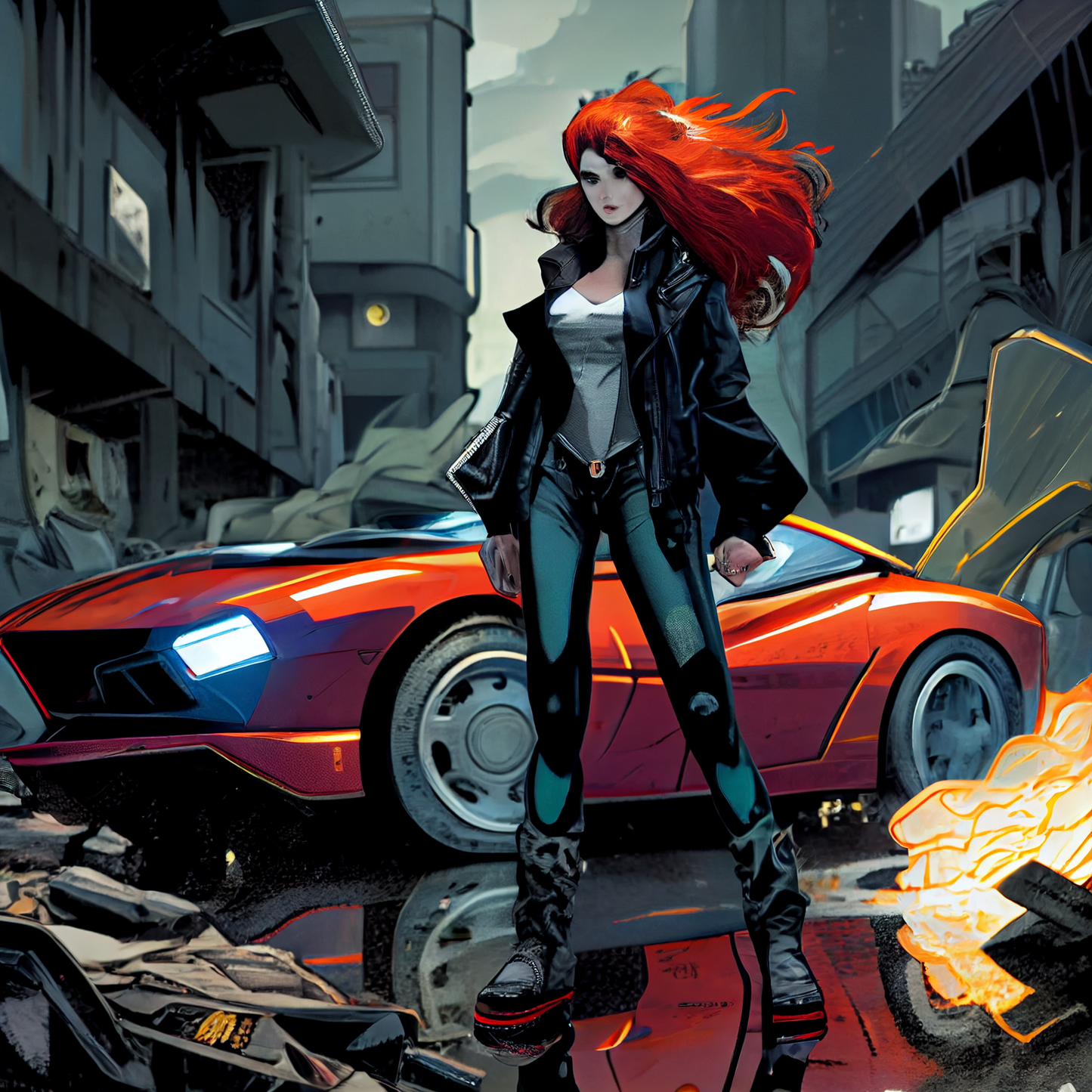 AI Midjourney Prompt for Futuristic - Futuristic Redhead Muscle Car