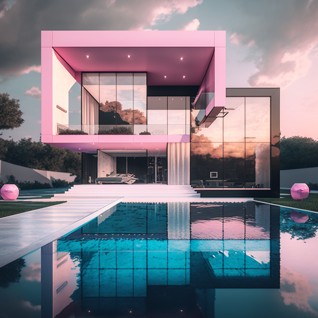 AI Midjourney Prompt for Landscape - Ultra-Realistic Villa in Pink and Cyan